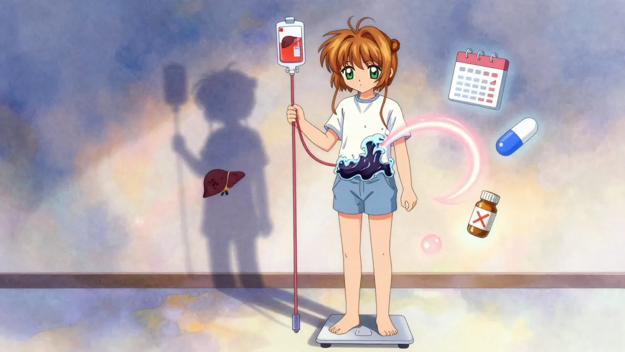 A patient weighing themselves at dawn, with a glowing albumin ribbon countering fluid in their belly, medical icons floating nearby.