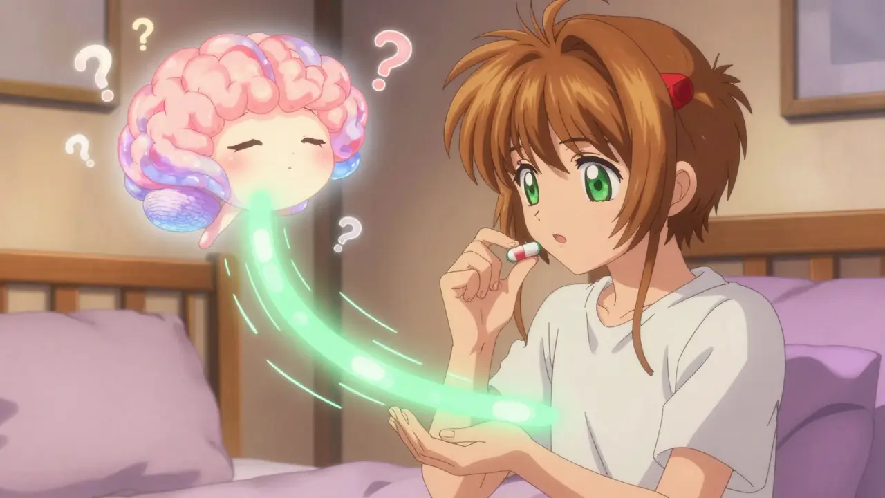 A person takes a GABA capsule as a glowing gut pathway sends calming signals up the vagus nerve to a floating sleepy face, in Cardcaptor Sakura style.
