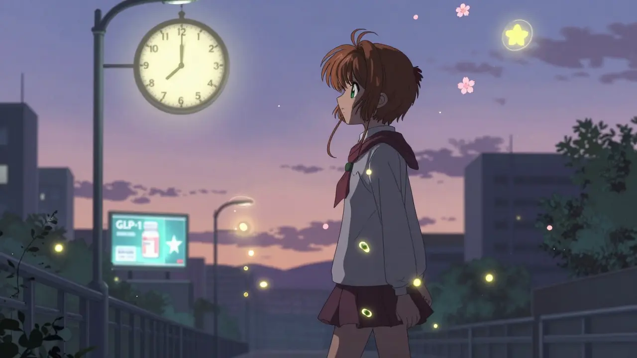 A person walking at dusk, dissolving fat cells like fireflies, a metformin pill glowing in their pocket under an 8-hour clock.