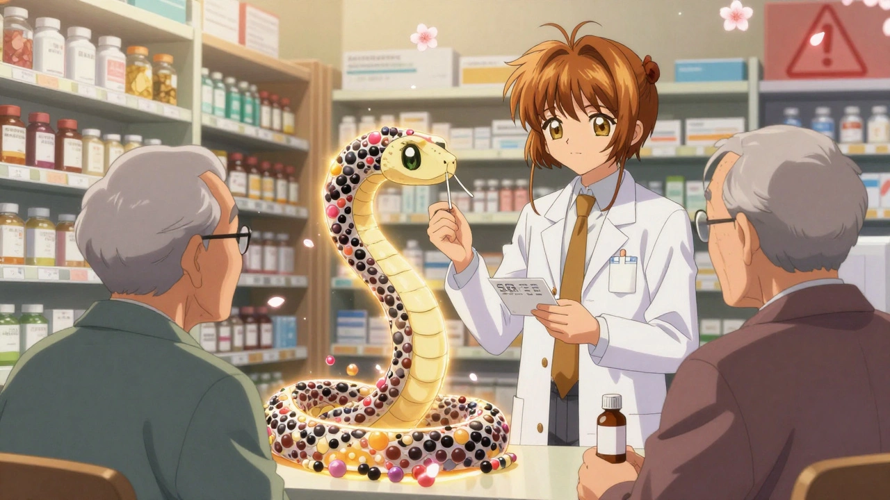 A pharmacist between two patients, with a serotonin serpent symbolizing dangerous drug interactions, petals falling in a warm pharmacy setting.