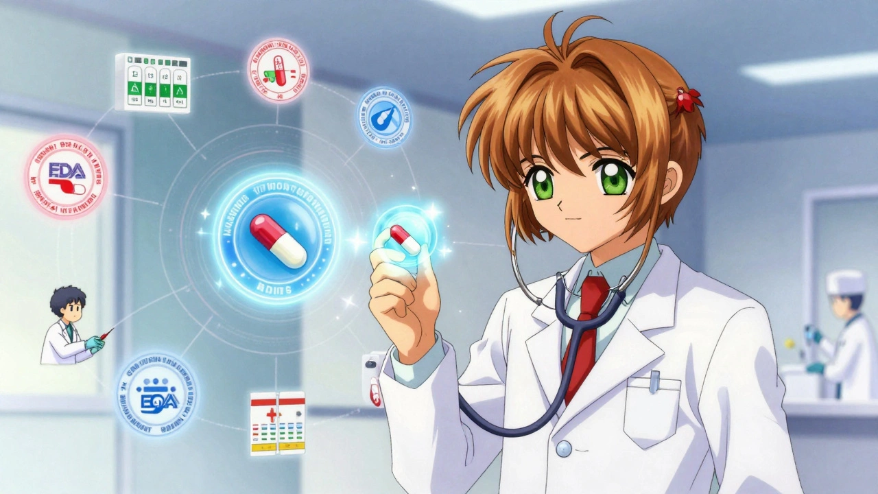 A pharmacist using a magical stethoscope to inspect pills with FDA inspection seals hovering nearby.