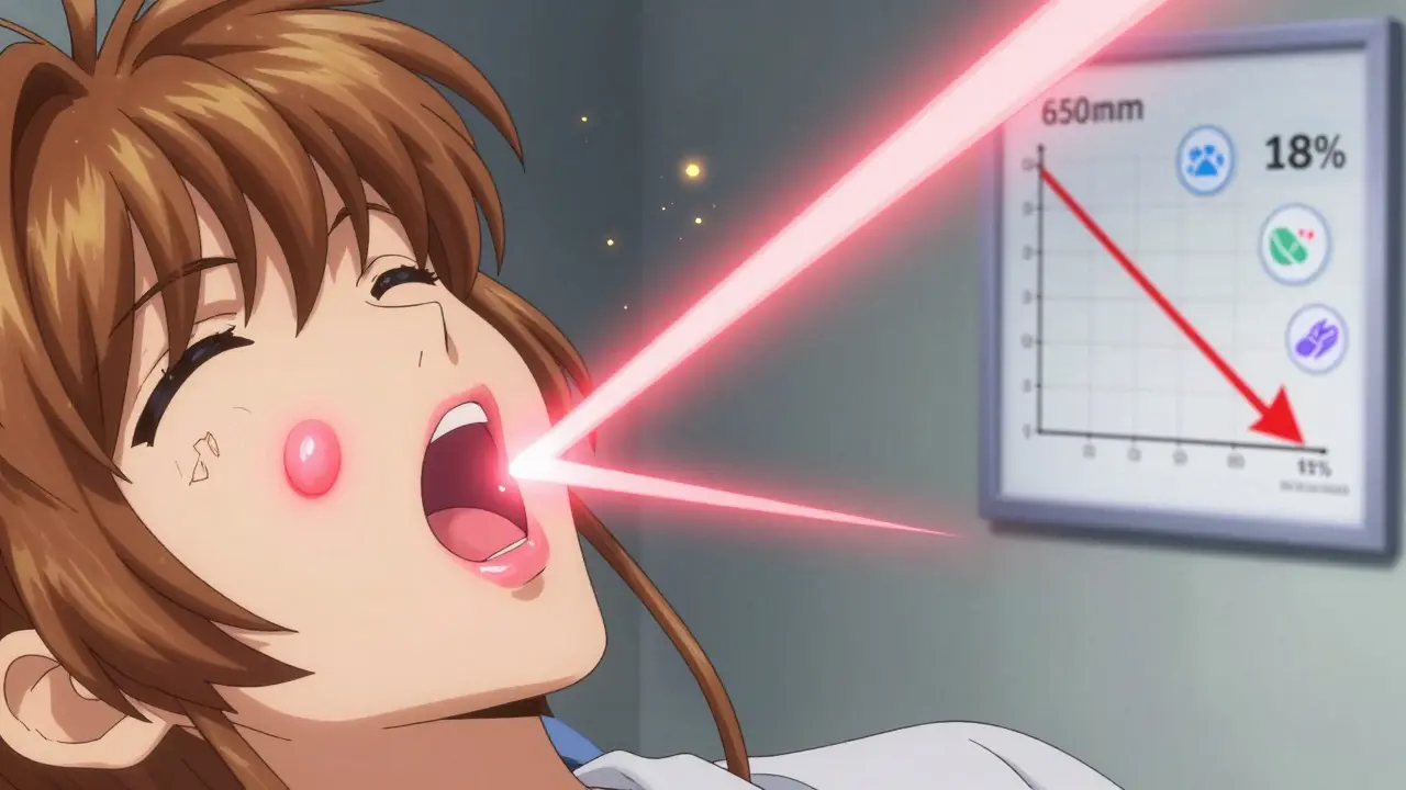 A red light therapy beam healing mouth ulcers with glowing pink particles, symbolizing recovery.