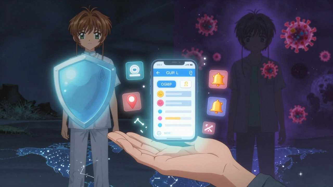 A traveler viewing a magical medical app that shows healthy and sick versions of themselves with global map below.