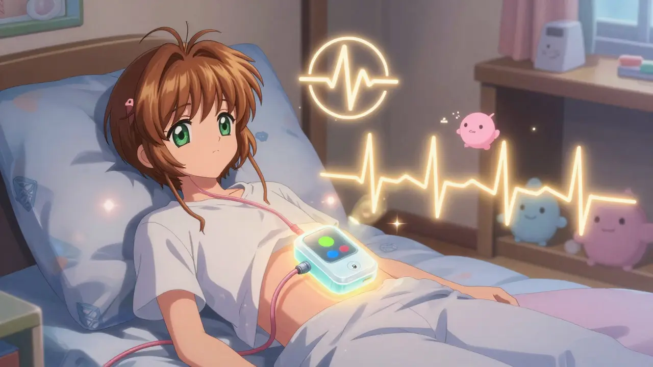 A young person with a gentle glowing pacemaker stabilizing their heart rhythm in a cozy room.
