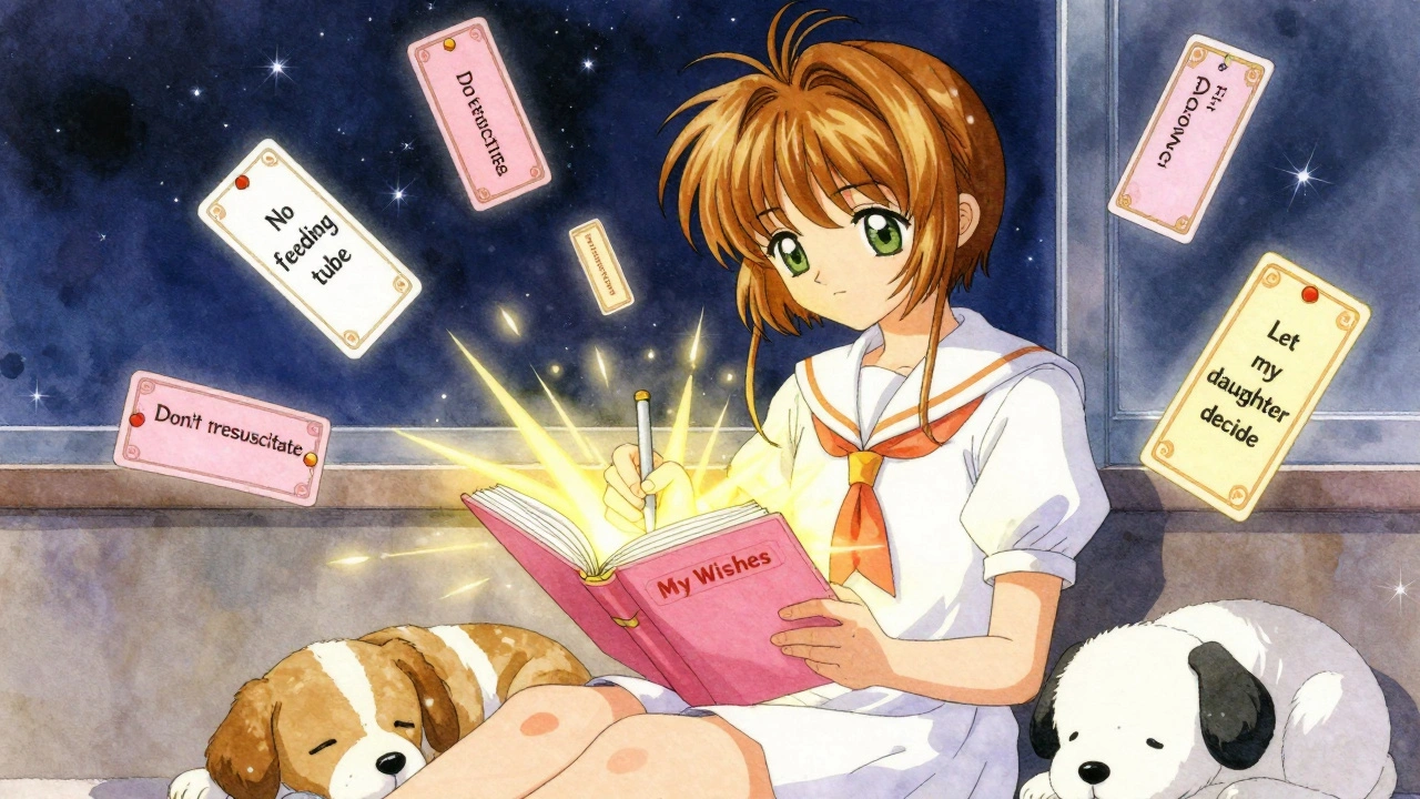 A young woman writing her medical wishes in a glowing journal, animated cards floating around her with her preferences.