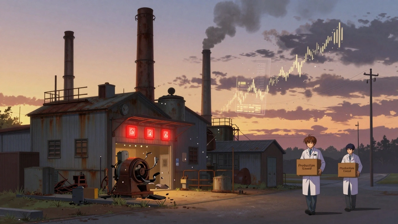Abandoned generic drug factory at dusk with workers leaving, rusted machinery and dissolving financial graphs.