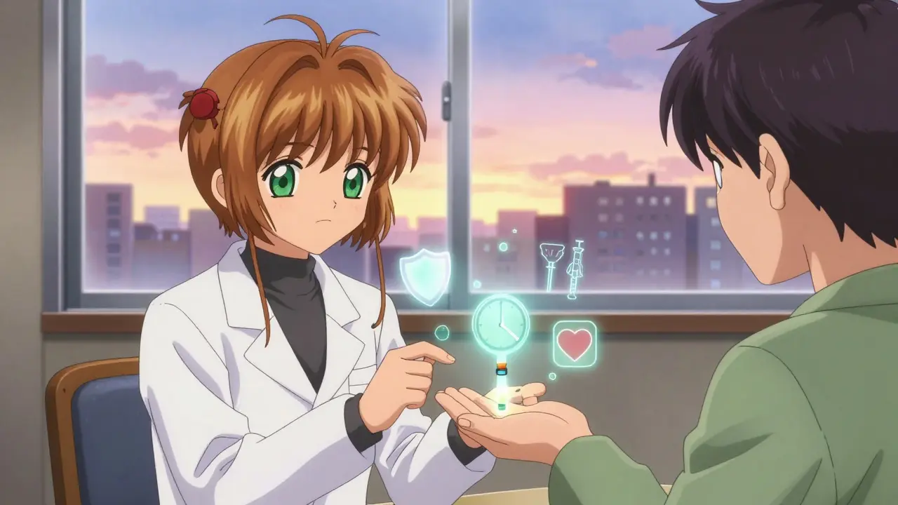 An allergist guiding a patient through a glowing oral challenge with safety symbols and sunrise in background.