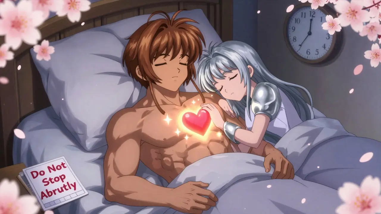 An elderly person sleeps peacefully as two heart guardians protect them with glowing energy and falling cherry blossoms.