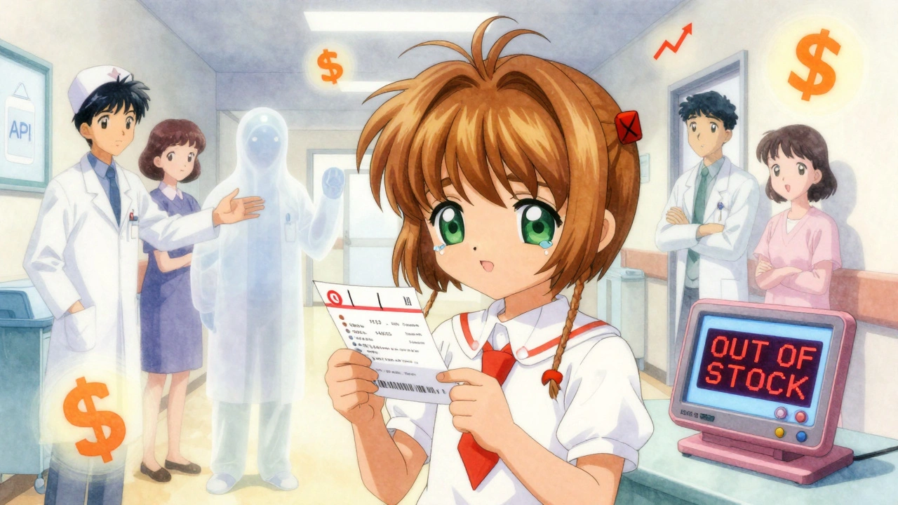 Child holding a prescription with &#039;OUT OF STOCK&#039; on screen, ghostly figures of caregivers reaching out in sorrow.