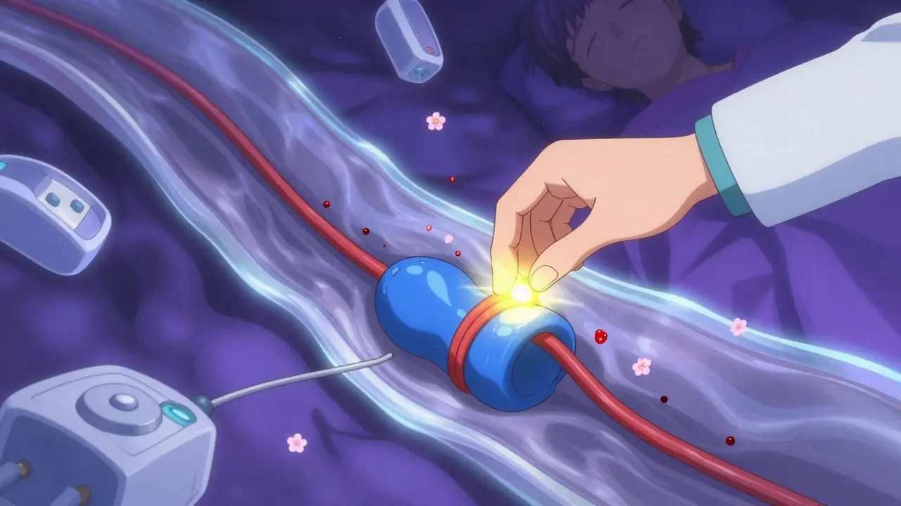 Endoscopic procedure sealing a bleeding varix with golden light and transforming blood into cherry blossoms.