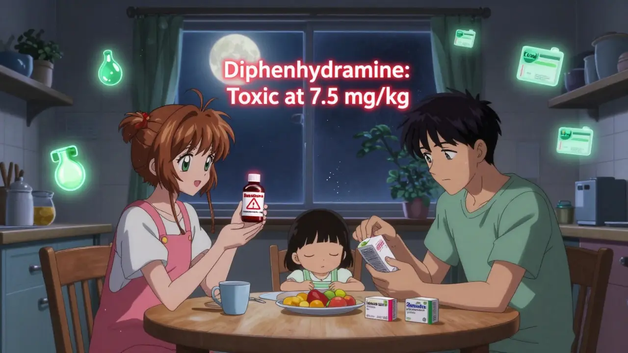 Family at kitchen table with warning symbols above Benadryl bottle, glowing labels and safe alternatives in background.