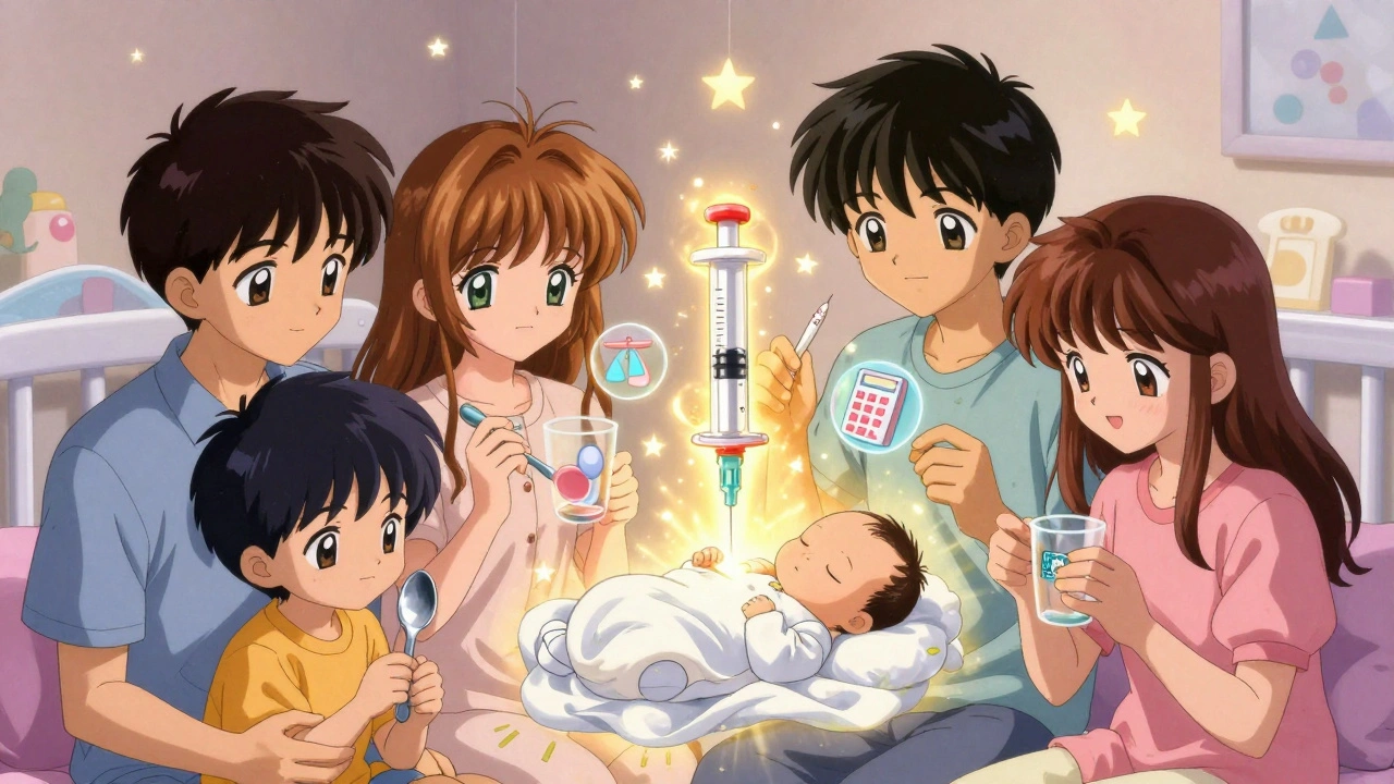 Family gathers around a sleeping baby as a glowing oral syringe hovers protectively above them.