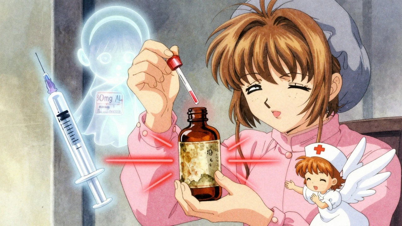 Grandmother hesitates with an old dropper as a glowing modern syringe and faded label appear beside her.