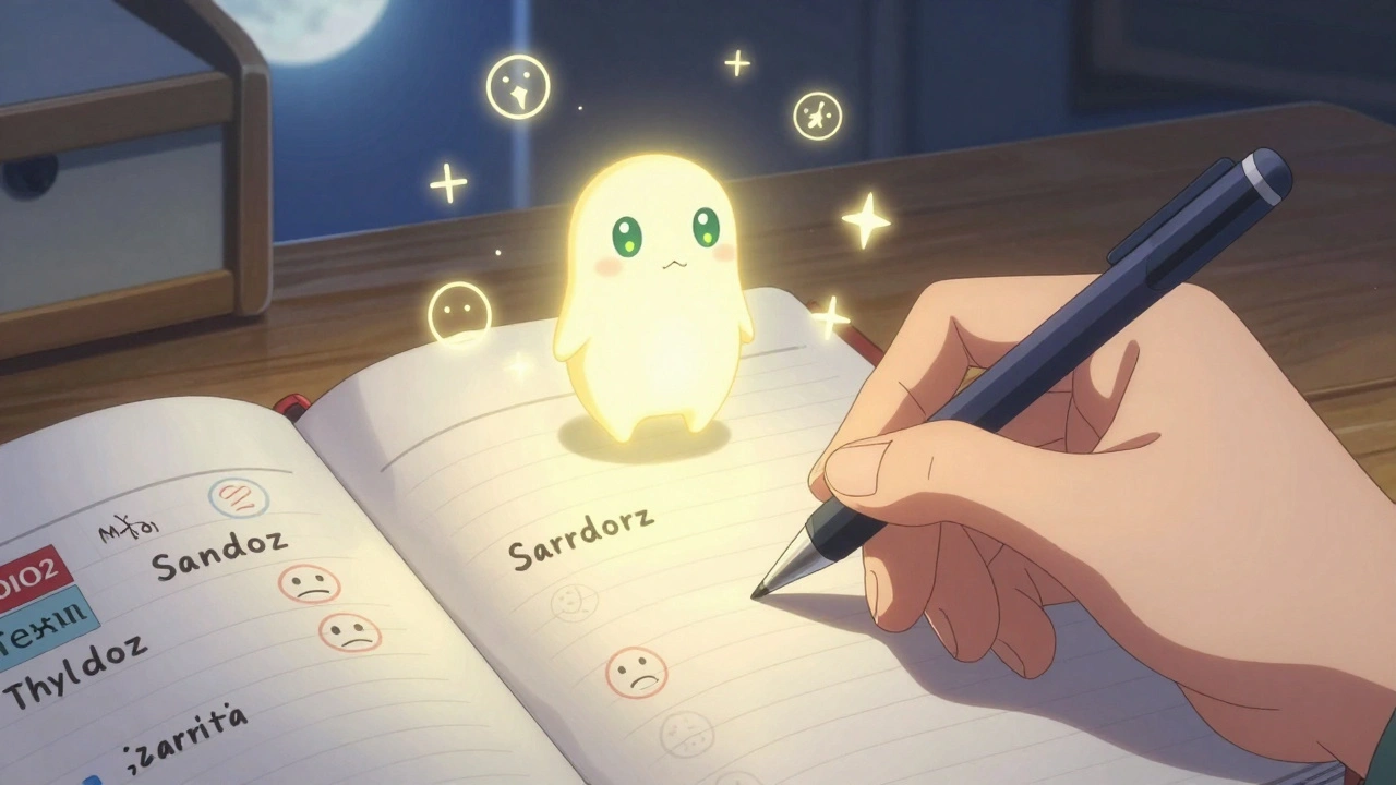 Hand writing in a journal with pill brands and symptoms, a glowing thyroid spirit above.