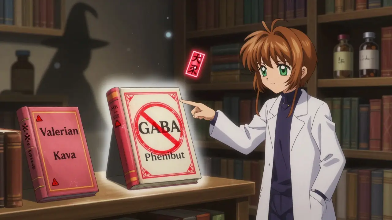 In a magical library, dangerous supplements glow red while GABA sits peacefully with a white halo, under the watchful eye of a witch in a lab coat.