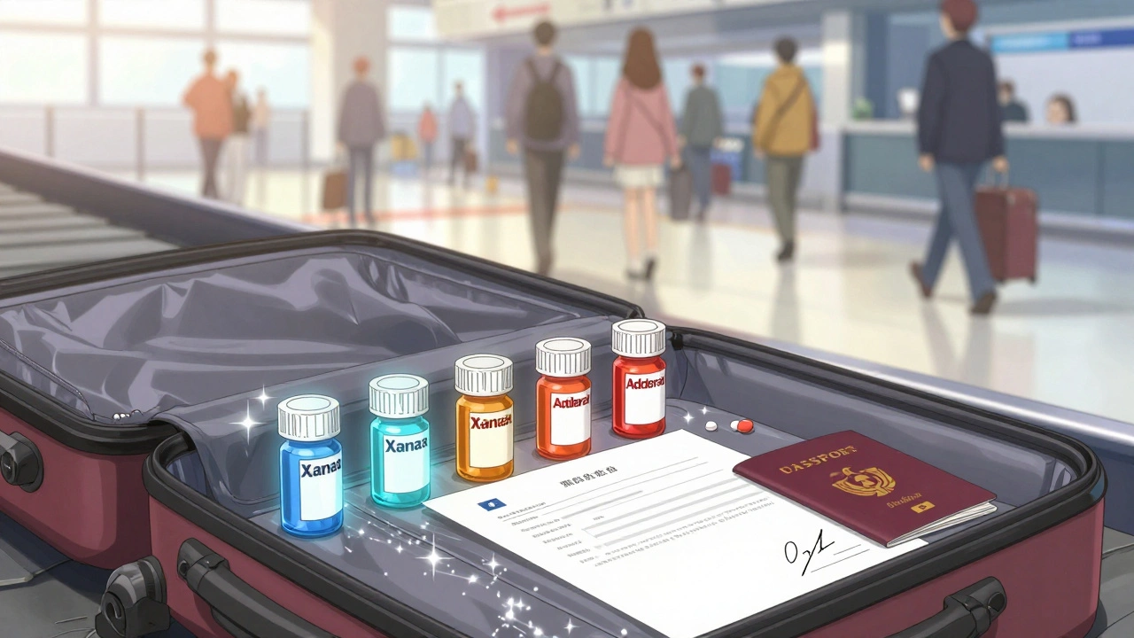 Open carry-on bag with original medication bottles and signed doctor&#039;s letter, surrounded by soft sparkles.