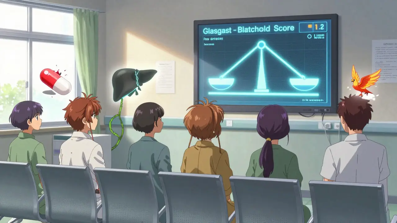 Patients in hospital waiting room with personalized symbols representing their GI bleeding causes.