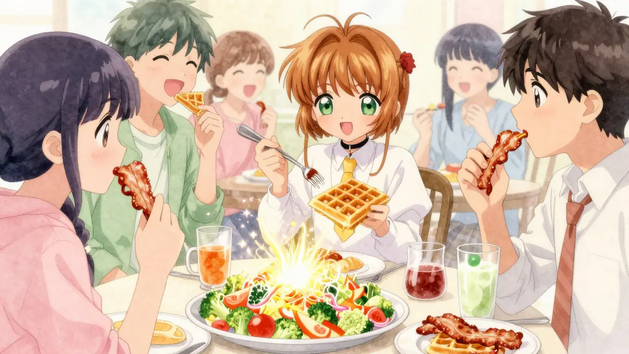 Person choosing healthy brunch option among friends