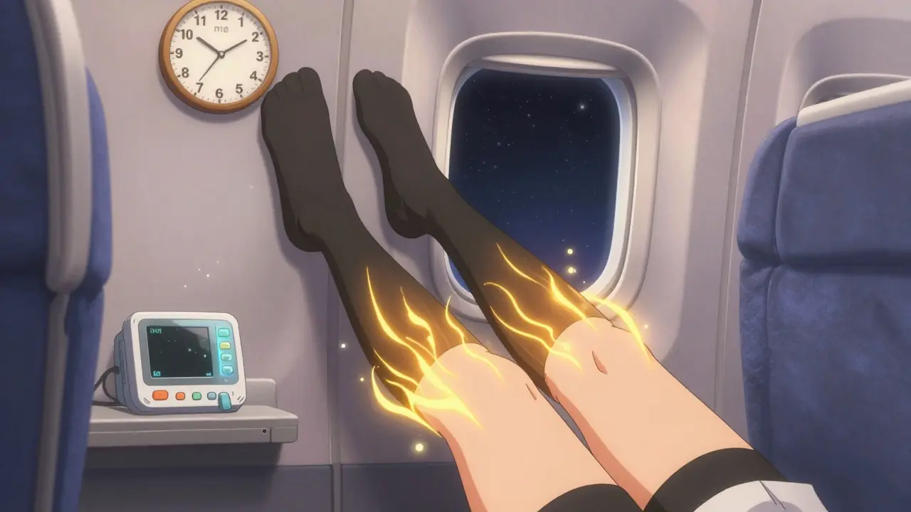 Person on flight doing foot exercises with glowing energy waves and portable INR monitor.