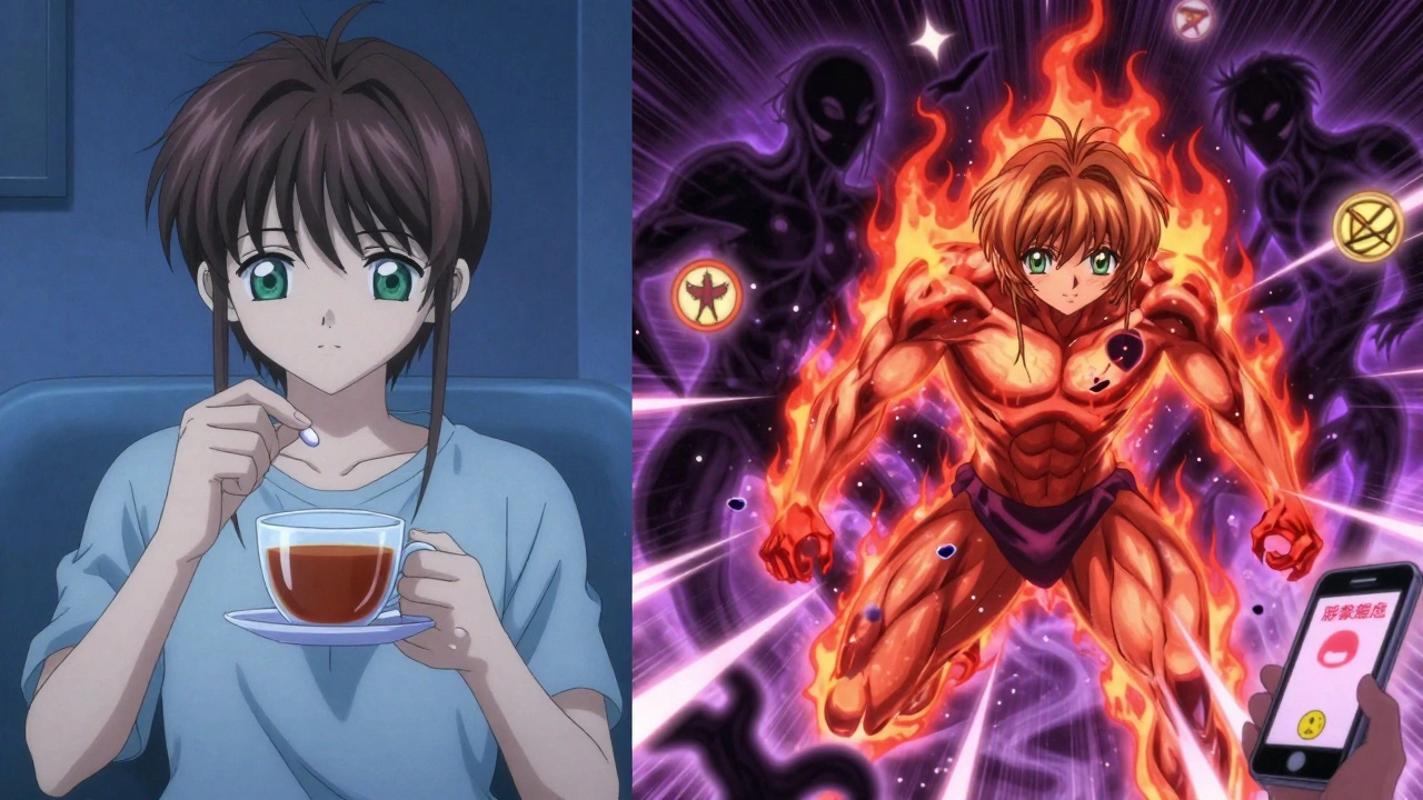 Split scene: calm SSRI use vs. chaotic serotonin syndrome with fever, muscle rigidity, and toxic drug symbols exploding around the person.