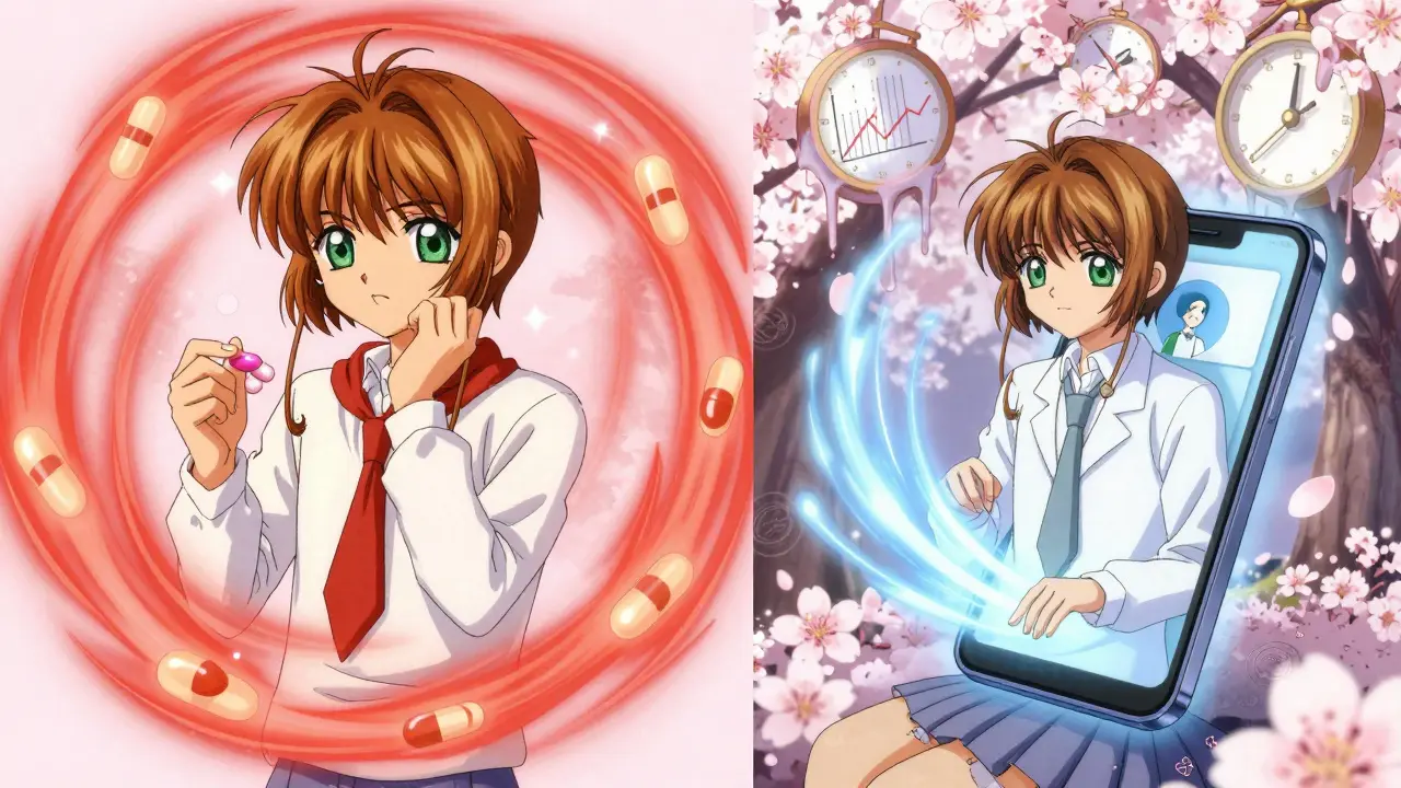 Split scene: person hesitating over double pills vs. skipping dose with calming blue energy.