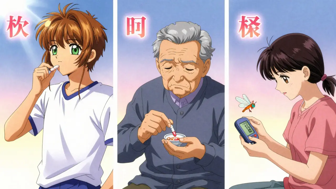 Three patients each receiving different gout treatments, illustrated in separate anime-style panels with symbolic floating kanji.