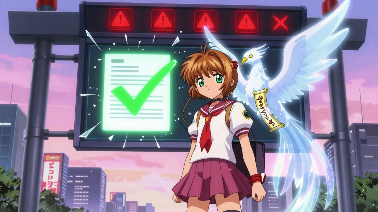 Traveler at digital border checkpoint in Tokyo with glowing green approval and protective phoenix spirit.