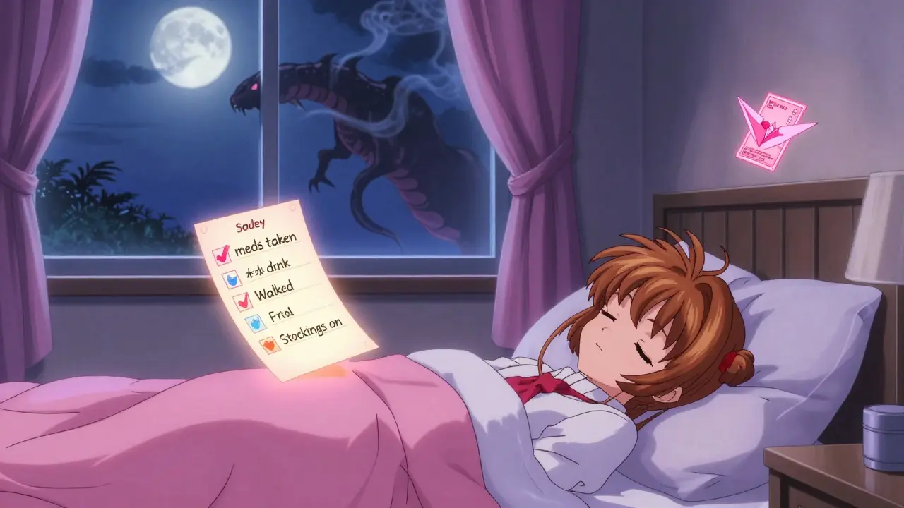 Traveler sleeping peacefully with glowing checklist and fading DVT monster in anime style.
