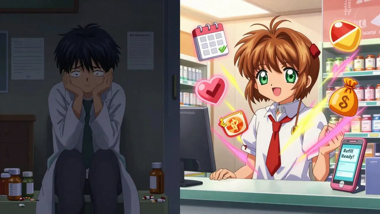 A before-and-after scene showing a person transitioning from stress to relief with medication support at the pharmacy.
