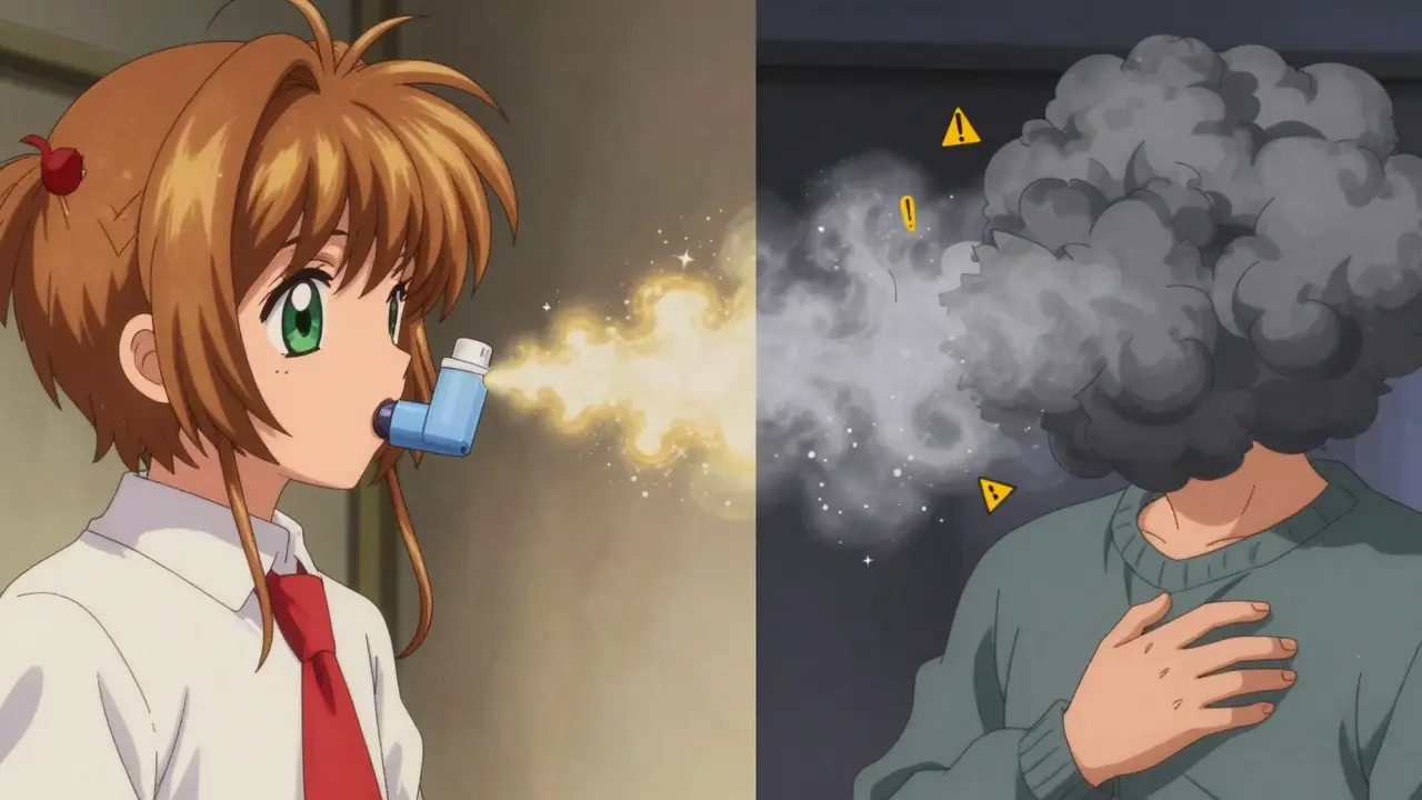 A brand inhaler releases smooth golden mist while a generic version emits chaotic gray clouds, affecting a patient.