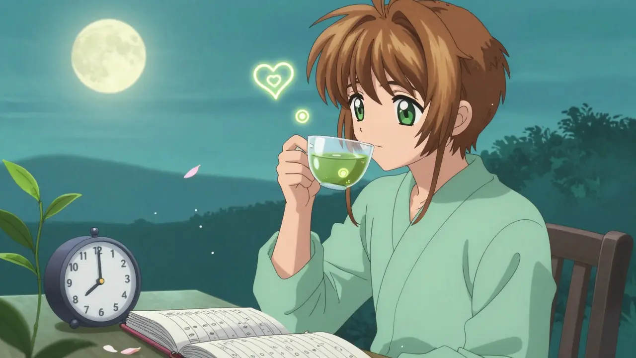A calm person drinks green tea with L-theanine, glowing peacefully beside a journal and clock showing safe timing after medication.