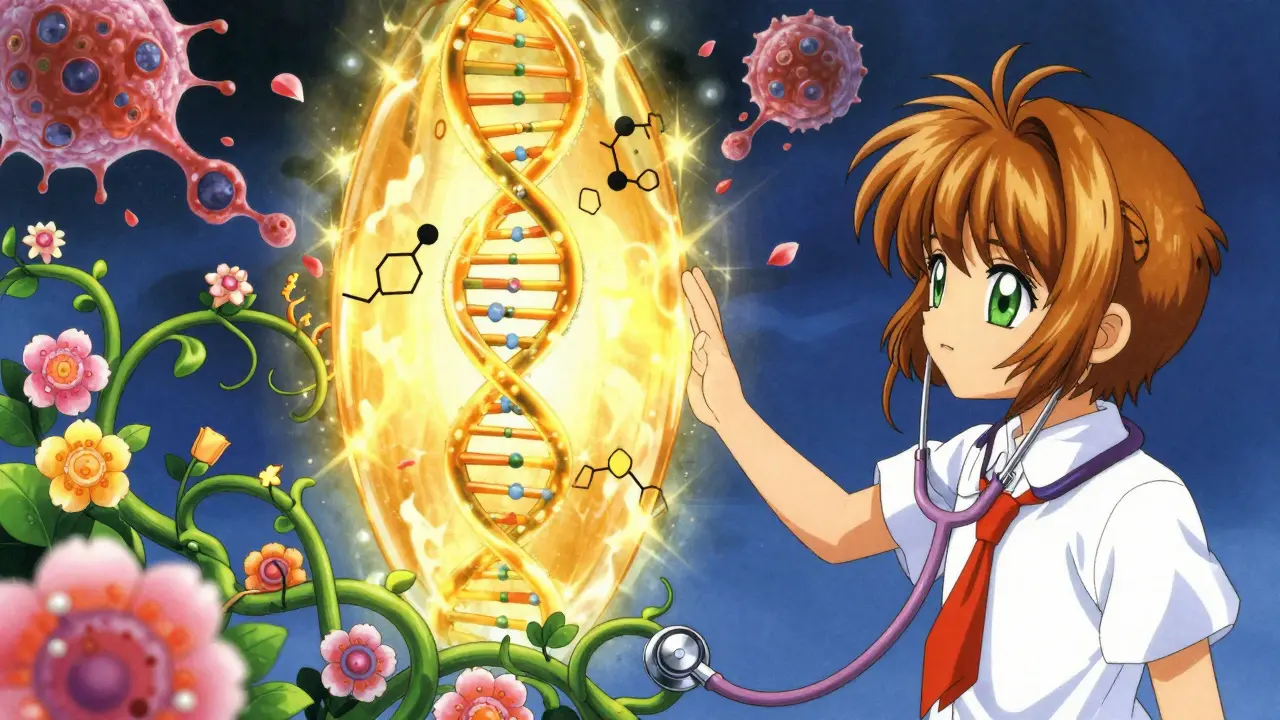 A child reaches toward a golden DNA portal transforming into blooming digital flowers and fragments.