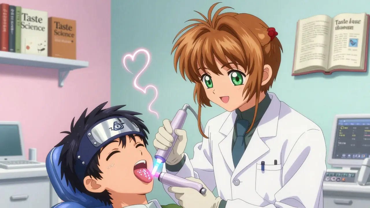 A dentist using a glowing laser on a tongue covered in metallic runes in a magical clinic.