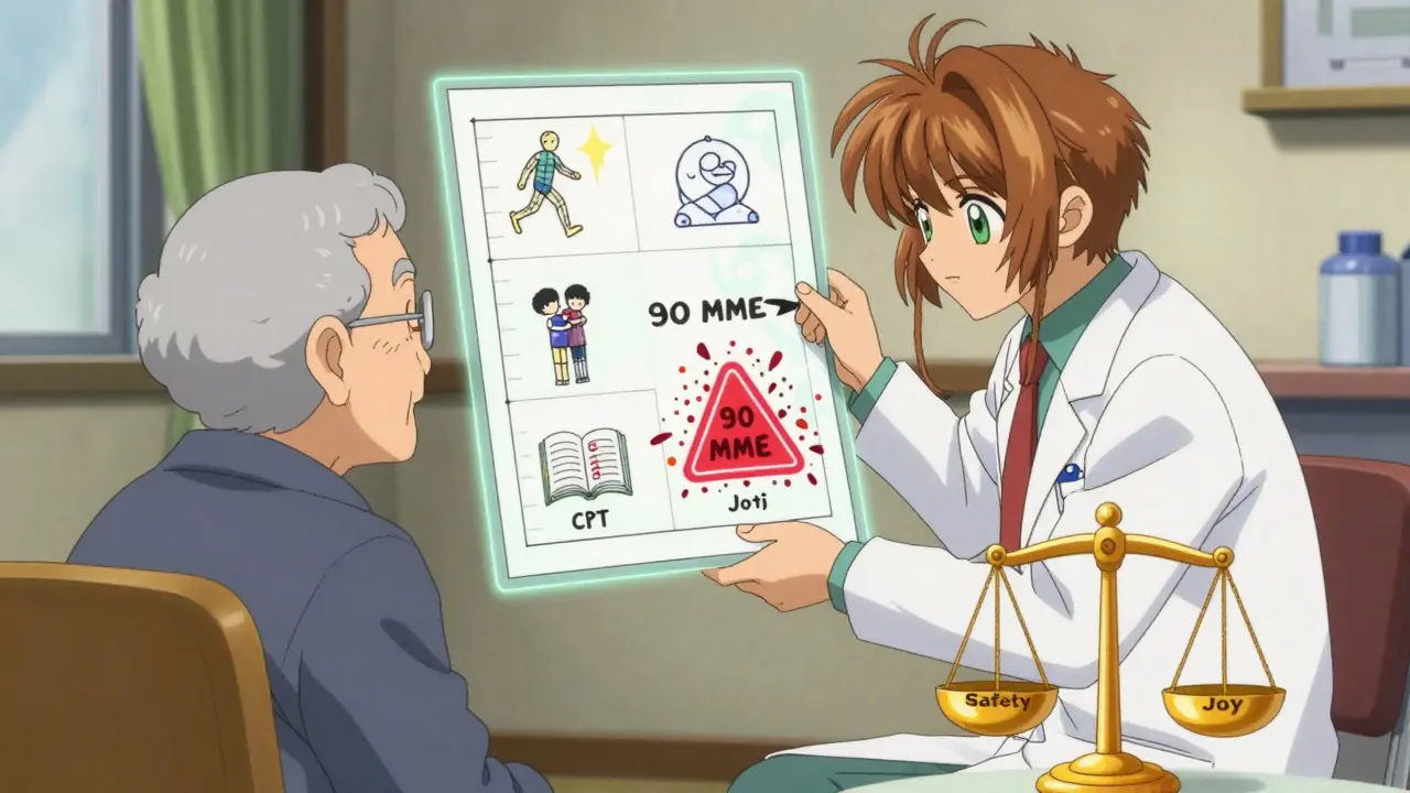 A doctor and senior reviewing a glowing chart showing functional goals like walking and hugging, with a shattered '90 MME' label.