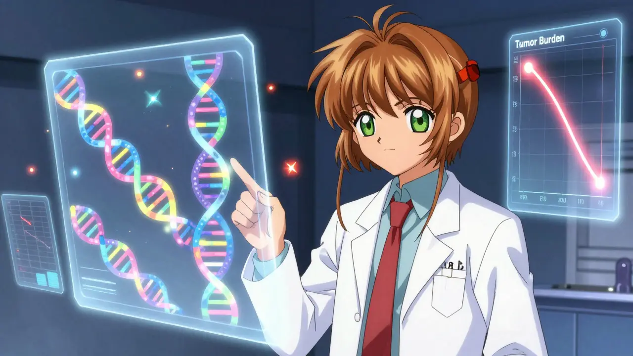A doctor observes holographic ctDNA analysis with pulsing DNA fragments and a falling tumor burden chart.