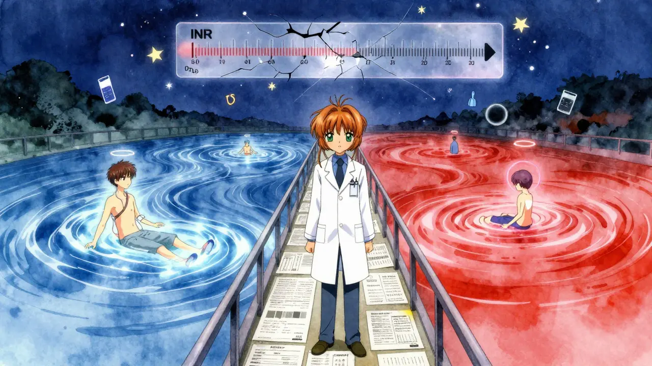 A doctor on a lab-report bridge watches two rivers of anticoagulants, with INR scale cracking above as stars shimmer in the night.
