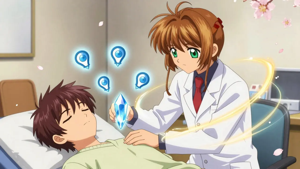 A doctor performs the Epley maneuver with glowing energy trails guiding inner ear crystals back into place.