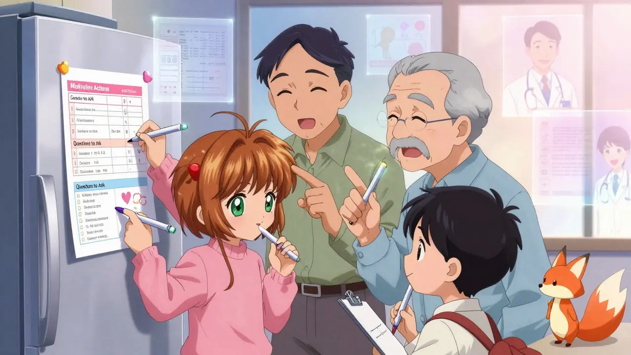 A family updates a laminated medication plan on the fridge, each holding glowing pens as medical symbols float around them.