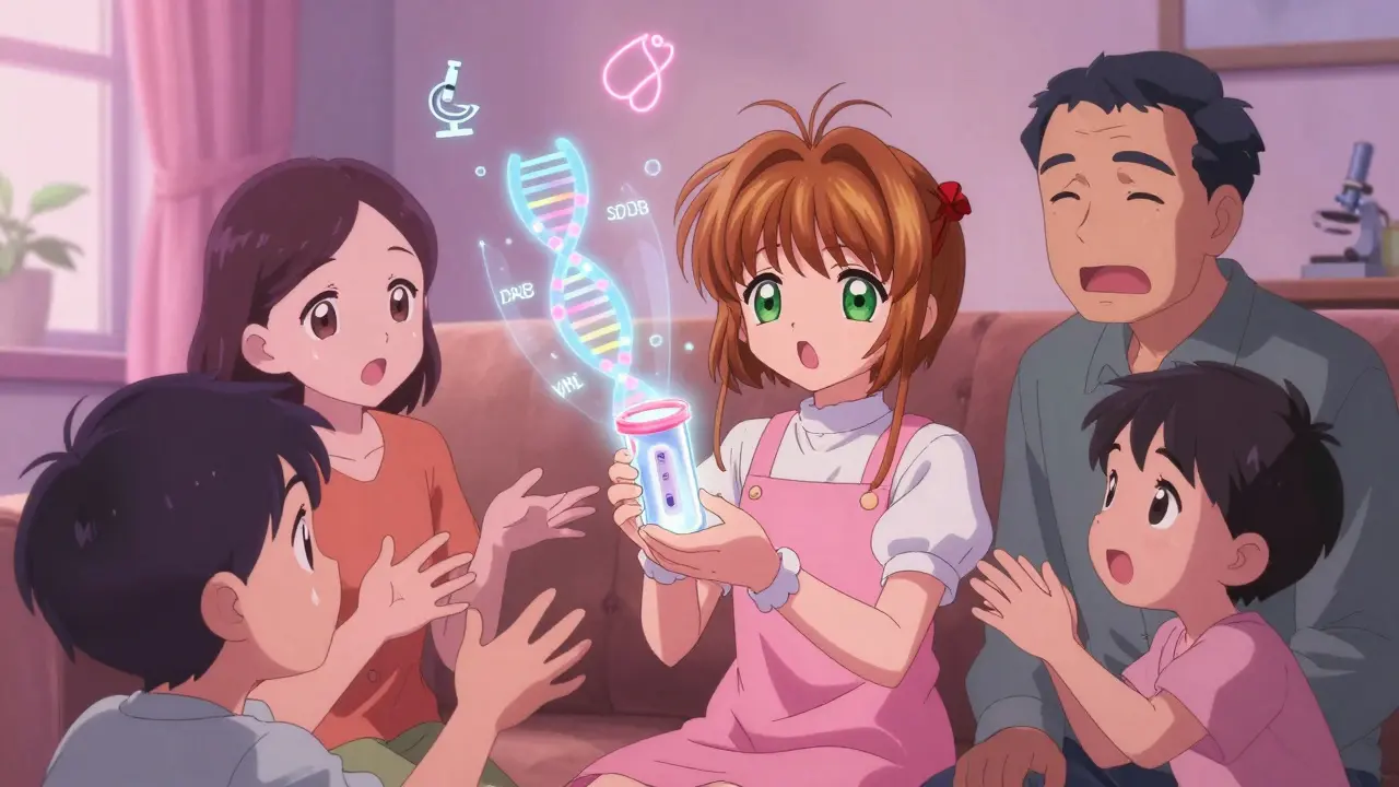 A family viewing a glowing DNA helix from a urine test, symbols floating softly around them.