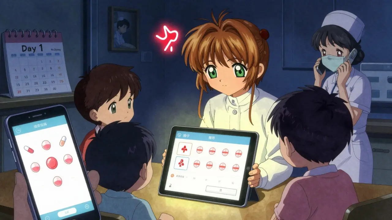 A family watches a glowing app alert on a tablet as a patient shows signs of dizziness after discharge.