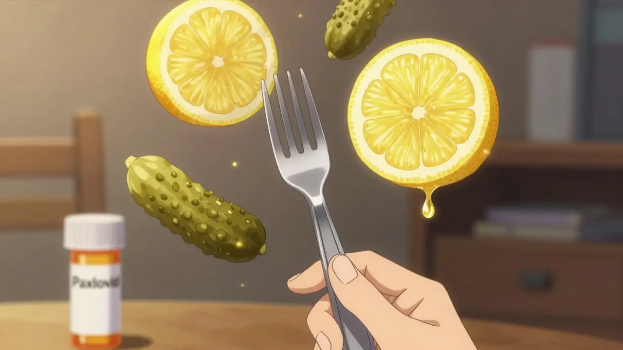 A hand holding a plastic fork surrounded by floating lemon slices and pickles with sparkling droplets.