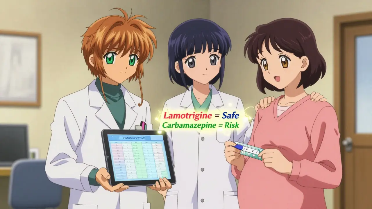 A neurologist and gynecologist guide a pregnant woman through drug interaction charts in a warm room.