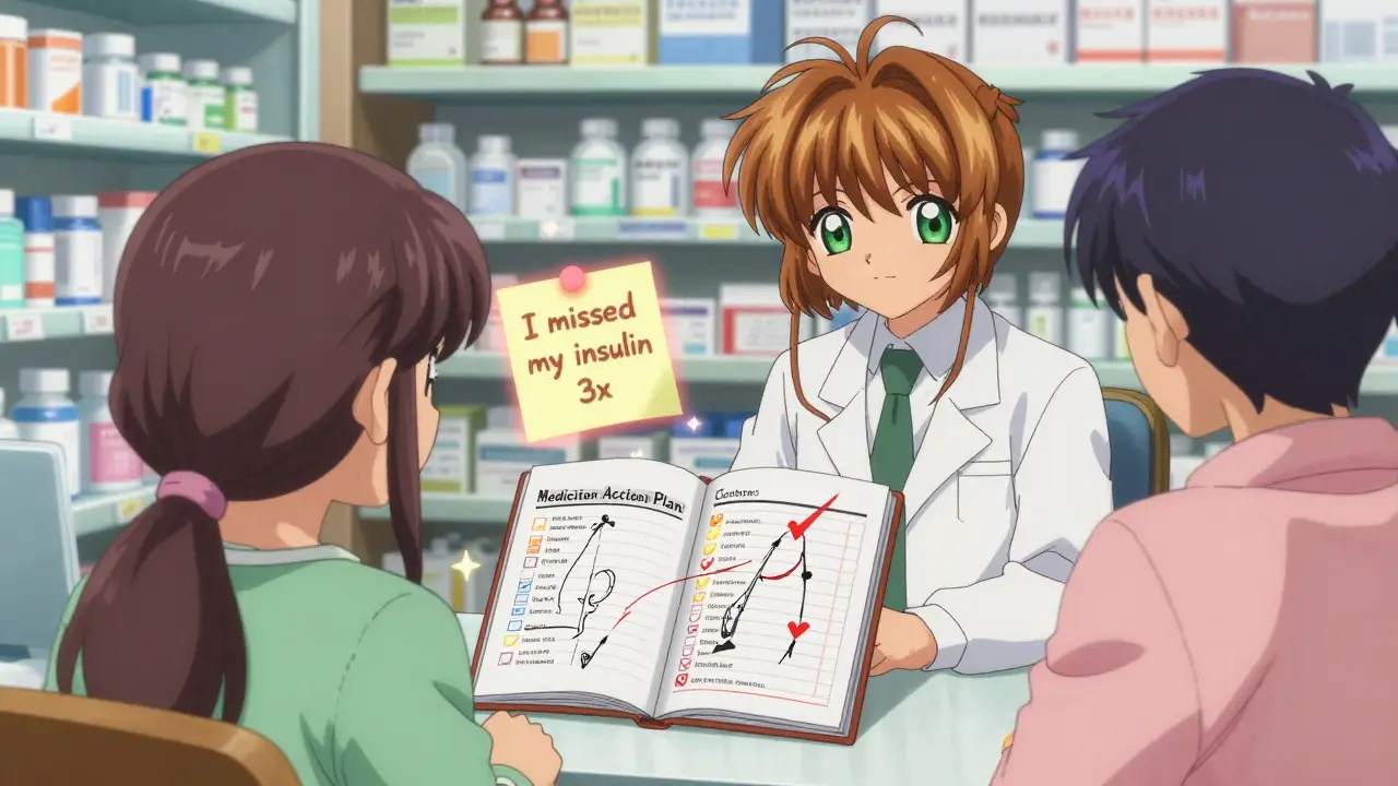 A pharmacist and patient review a magically animated medication plan with glowing checkmarks and highlighted entries at a pharmacy counter.