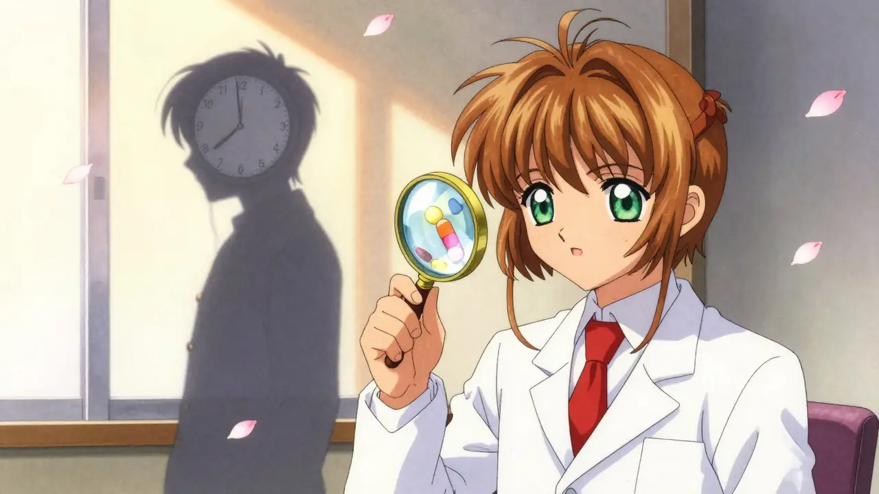 A pharmacist examines a pill under a magnifying glass, revealing colorful fillers as a patient's shadow turns into a ticking clock.