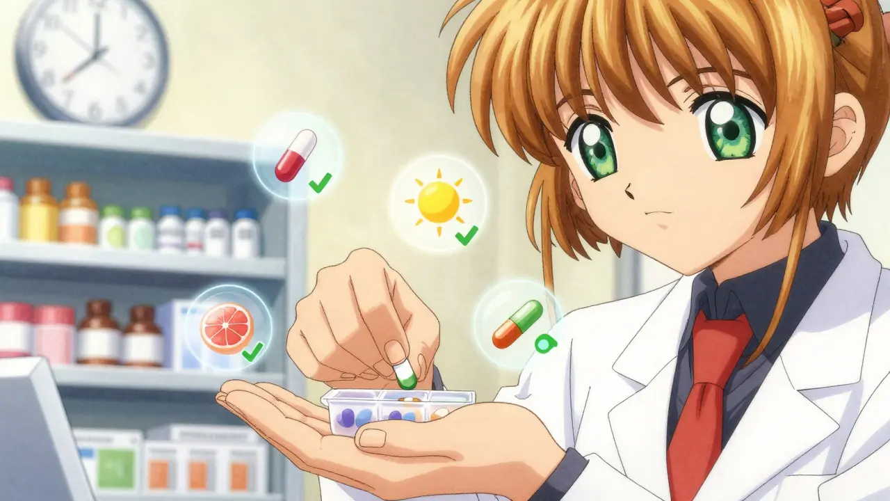 A pharmacist handing a pill organizer to a patient, with icons representing medications and food interactions glowing nearby.