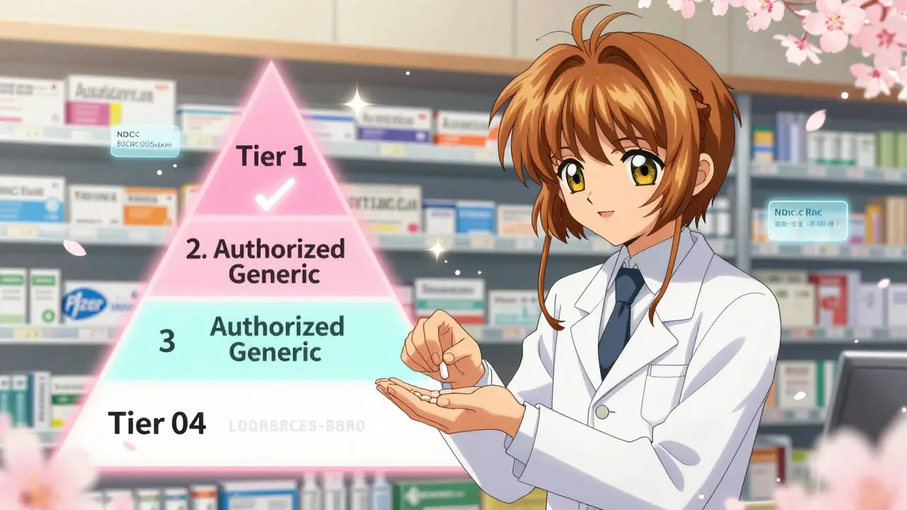 A pharmacist hands a patient an authorized generic pill, with a glowing formulary chart in the background showing Tier 2 approval.