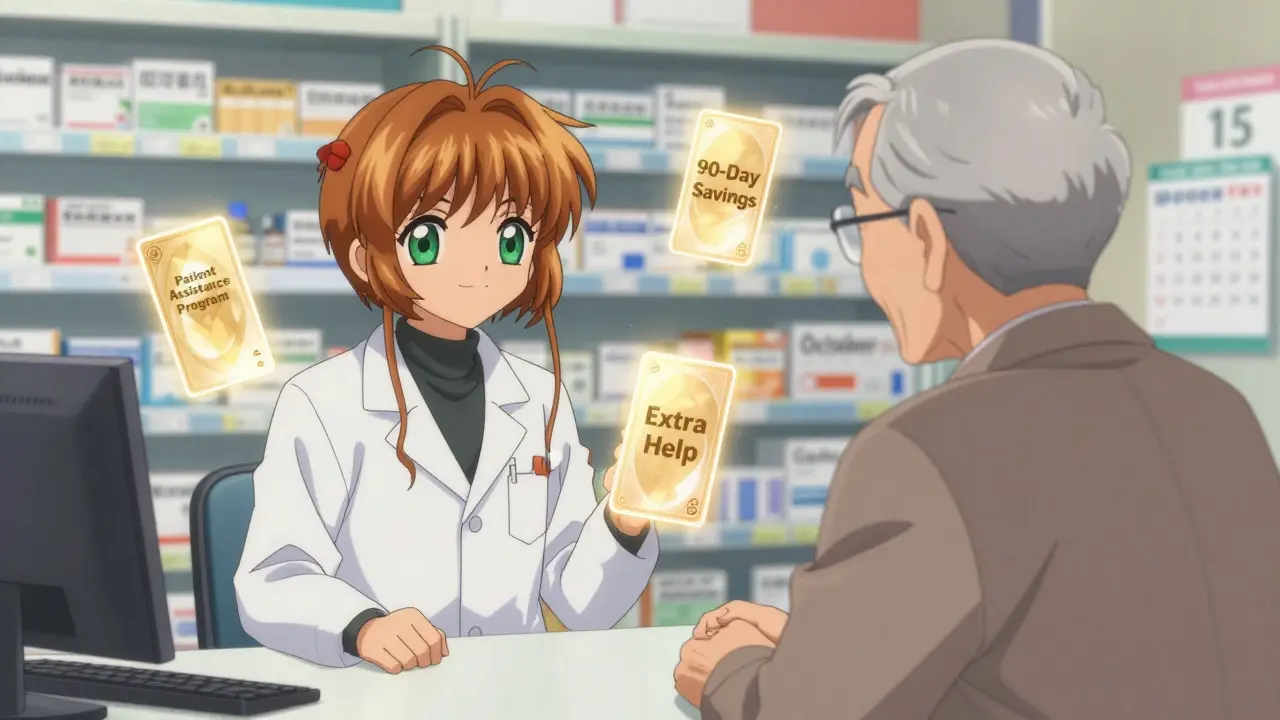 A pharmacist helping an elderly man with magical assistance cards floating around them.