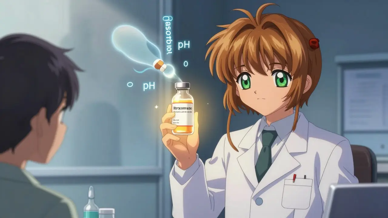 A pharmacist holds a glowing itraconazole solution vial as a PPI tablet fades away, with magical runes for 'absorption' and 'pH' in the air.