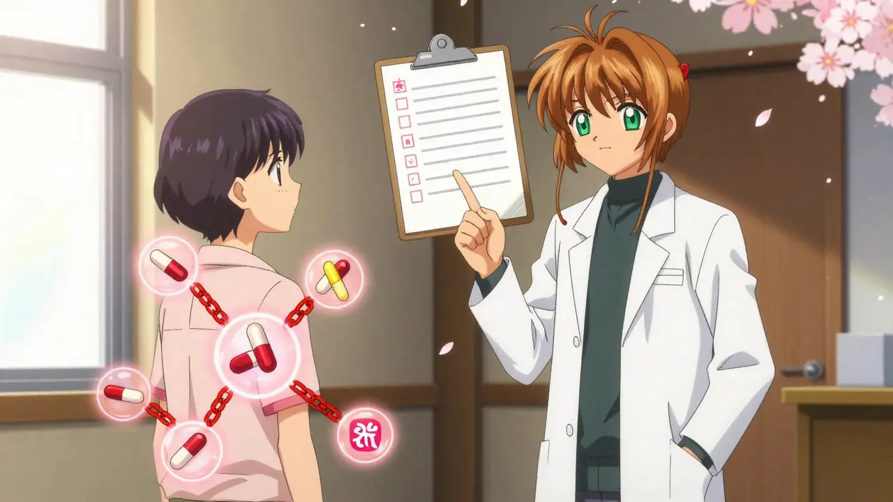 A pharmacist uses magical glyphs to block dangerous drug interactions while a patient points out a missing pill.