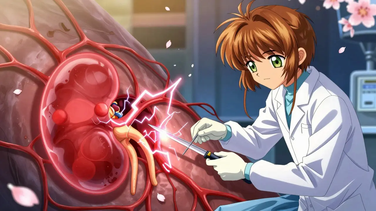 A pulsing tumor beside a kidney emitting lightning bolts, being extracted by a surgeon.